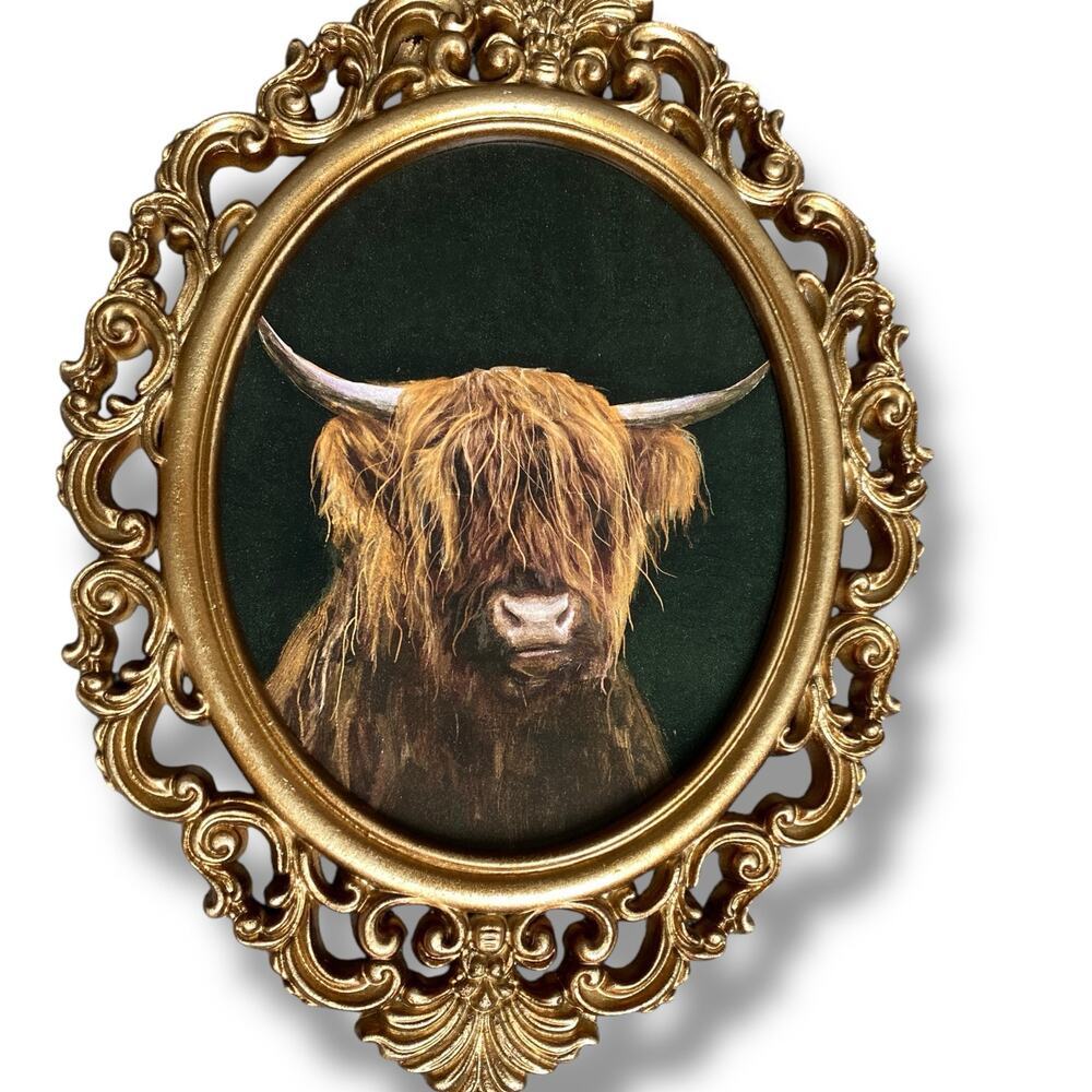 Highland Cow Portrait Wall Decor 2pc Set Painted Look Portraits Gold Frames - Picture 2 of 5